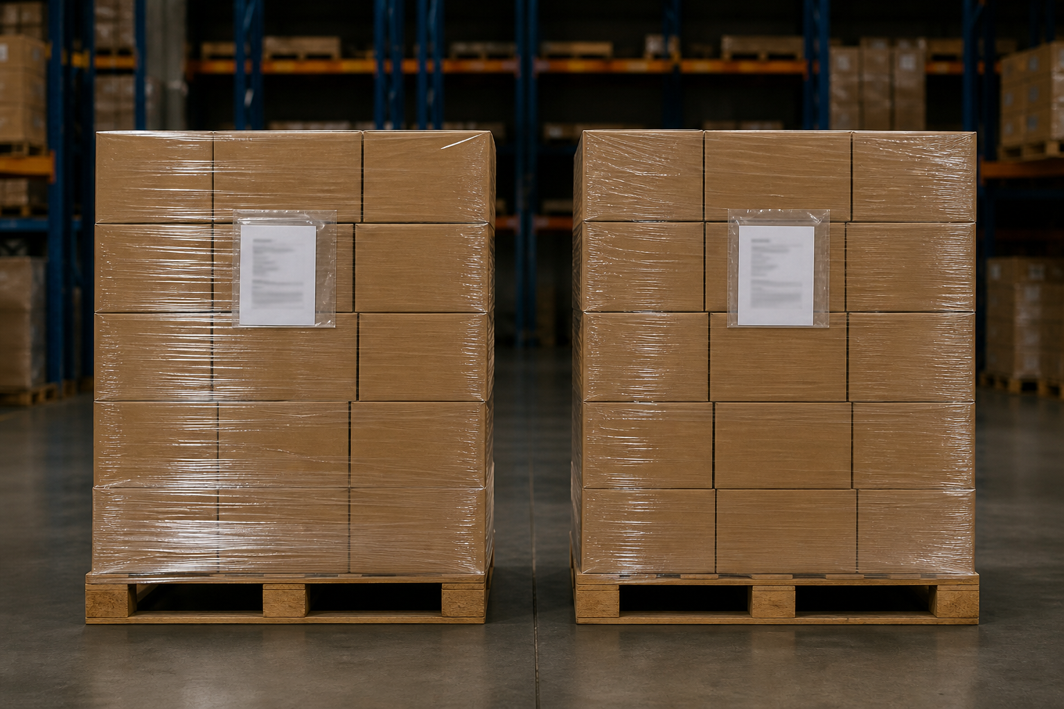 Two shrink-wrapped pallets staged side by side in a warehouse dispatch bay, each with its own document wallet taped to the wrapping.
